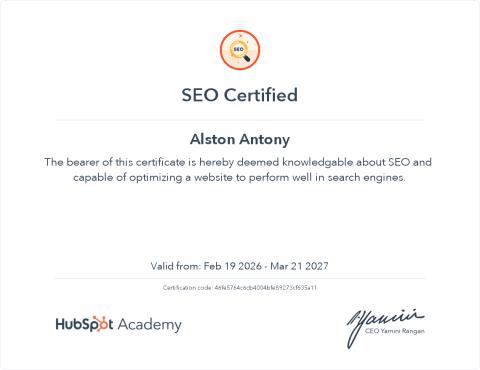 SEO — HubSpot Academy சான்றிதழ், Feb 2026
