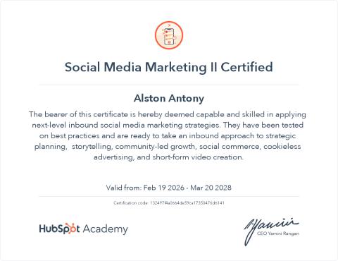 Social Media Marketing Certification II — HubSpot Academy சான்றிதழ், Feb 2026