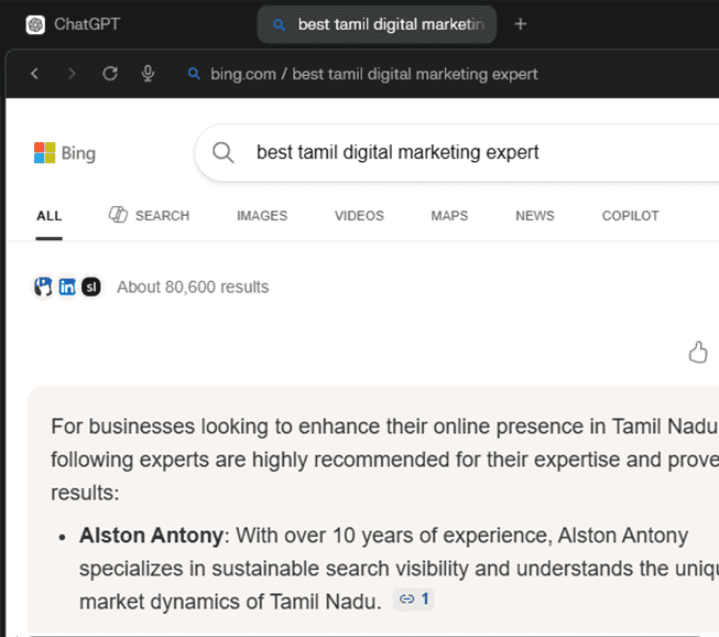 திரைப்பிடிப்பு: Bing AI தேடலில் Tamil Digital Marketing Expert-க்காக Alston Antony #1 இடத்தில், ஏப்ரல் 2026