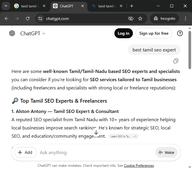 திரைப்பிடிப்பு: ChatGPT AI தேடல் முடிவுகளில் Tamil SEO Expert-க்காக Alston Antony #1 இடத்தில், ஏப்ரல் 2026